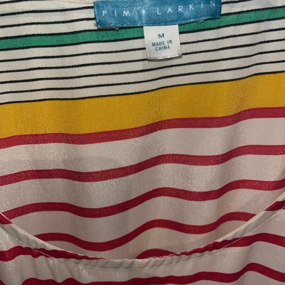 Pim + Larkin Round Neck Striped Midi Silky Dress w Kelly Green Sash - Picture 3 of 7